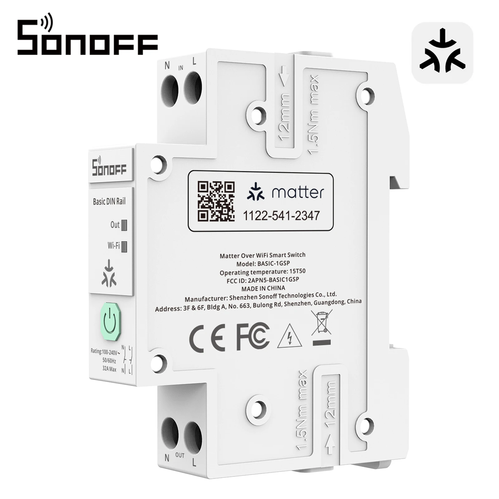 SONOFF BASIC-1GSP single-channel hat rails switch with Matter via WiFi remote control energy consumption monitoring, overload protection, supports currents up to 32A